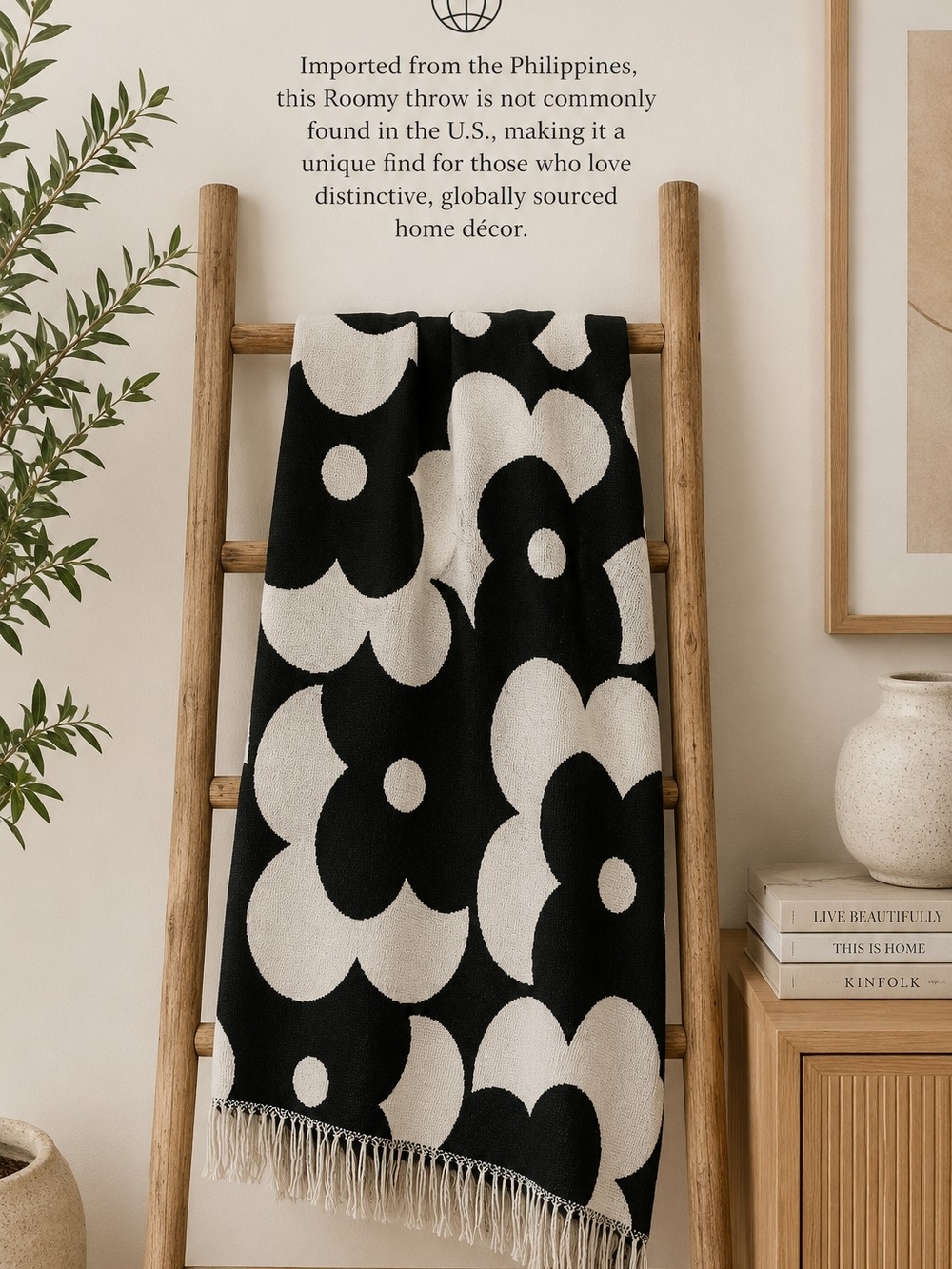 Roomy Reversible Floral Throw Blanket Black White Scandinavian 51x71 NWT - Picture 9 of 9